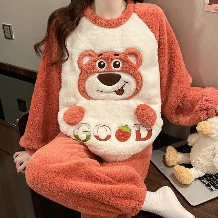 加肥大码200斤胖m睡衣女秋冬季加厚保暖珊瑚绒口袋圆领家居服套装