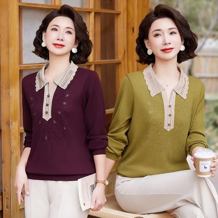 2025春季新款时尚撞色翻领烫钻显瘦百搭洋气妈妈装长袖上衣