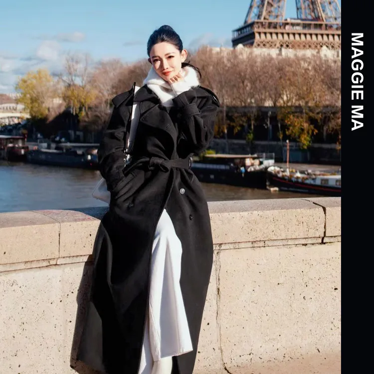 MAGGIE MA马婧设计师款黑色宫廷风保暖毛呢大衣794C