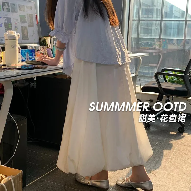 蓬蓬花苞裙女2025春夏季新款慵懒风系带半身裙中长款a字伞裙