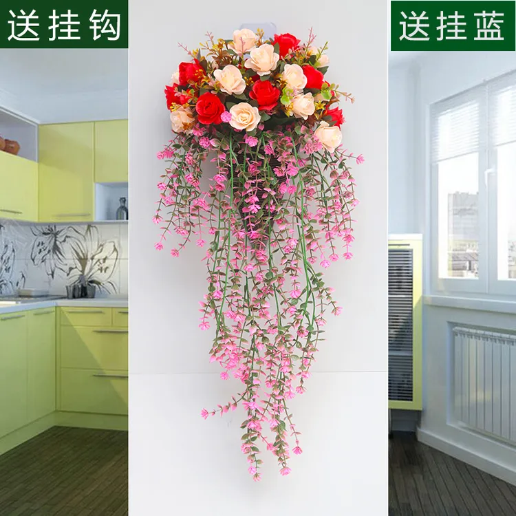 仿真藤条玫瑰花塑料假花室内外装饰挂墙花束遮丑摆设花装饰花挂墙