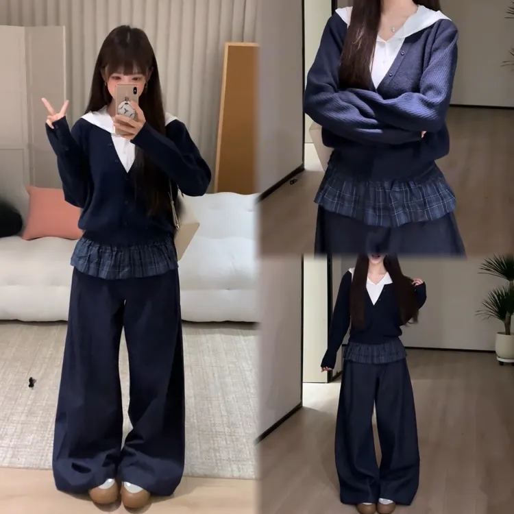 秋冬新款韩系撞色V领叠穿假两件上衣屁帘遮胯阔腿裤套装