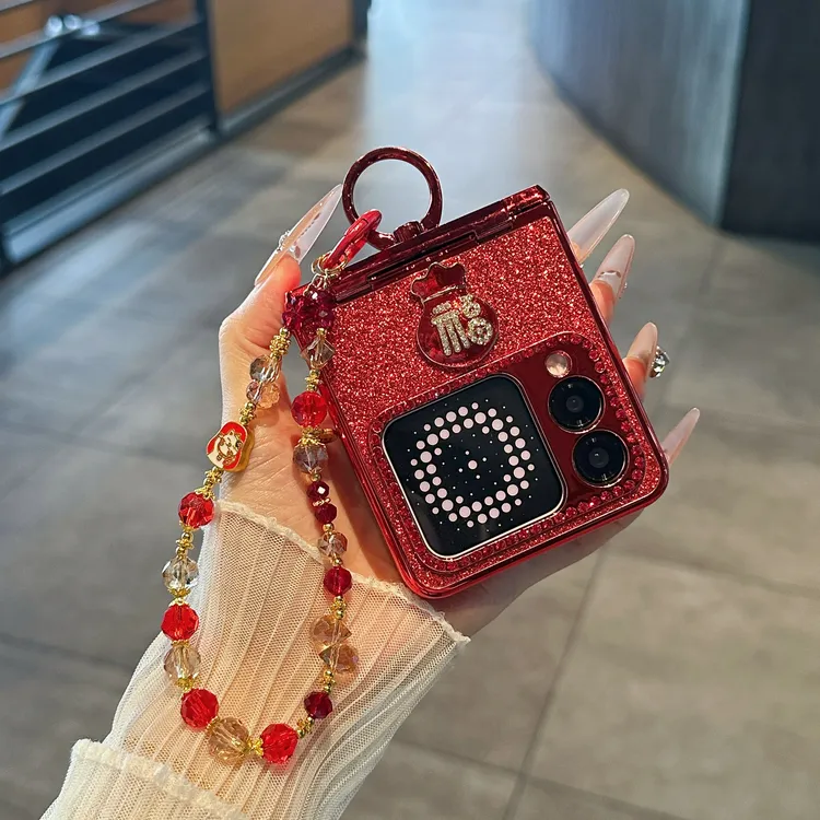 适用华为Nova Flip S折叠屏手机壳红色电镀闪粉福袋指环扣保护套