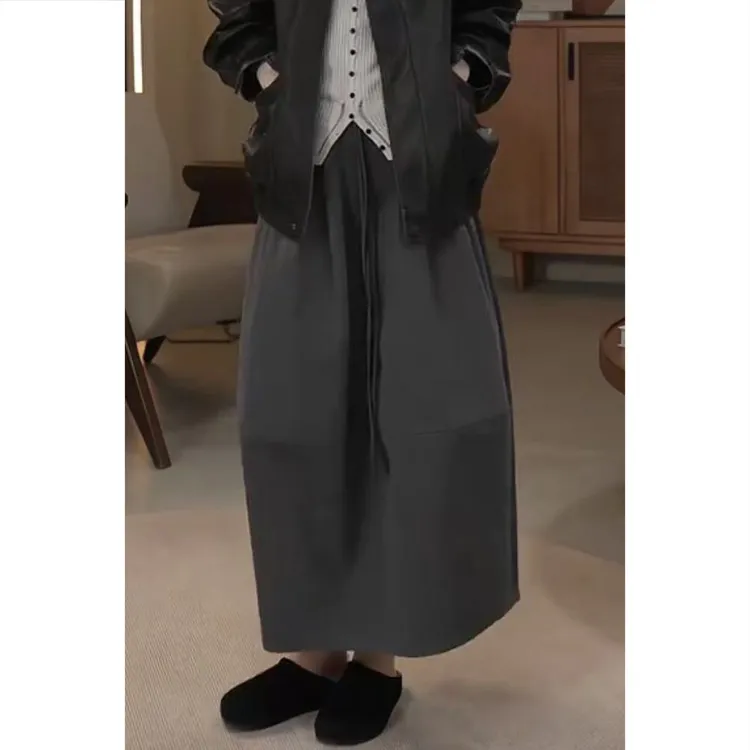 艾塔莉早秋宽松显瘦女半身裙慵懒风气质百搭中长裙INS风低腰开叉