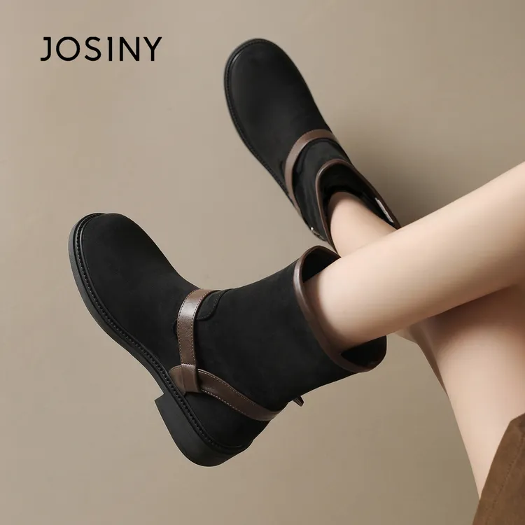 卓诗尼2025秋冬季时装靴圆头英伦风百搭粗跟单靴时尚短筒马丁靴