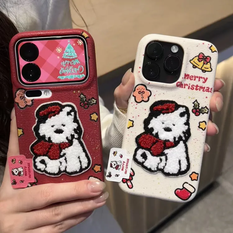 GGBond圣诞小狗刺绣标签适用苹果16皮纹手机壳小米17vivo华为oppo