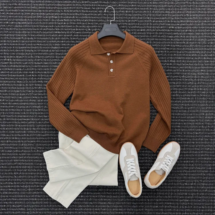 秋冬男士商务翻领套头针织衫时尚休闲百搭保暖灰色纯色毛衣羊毛衫