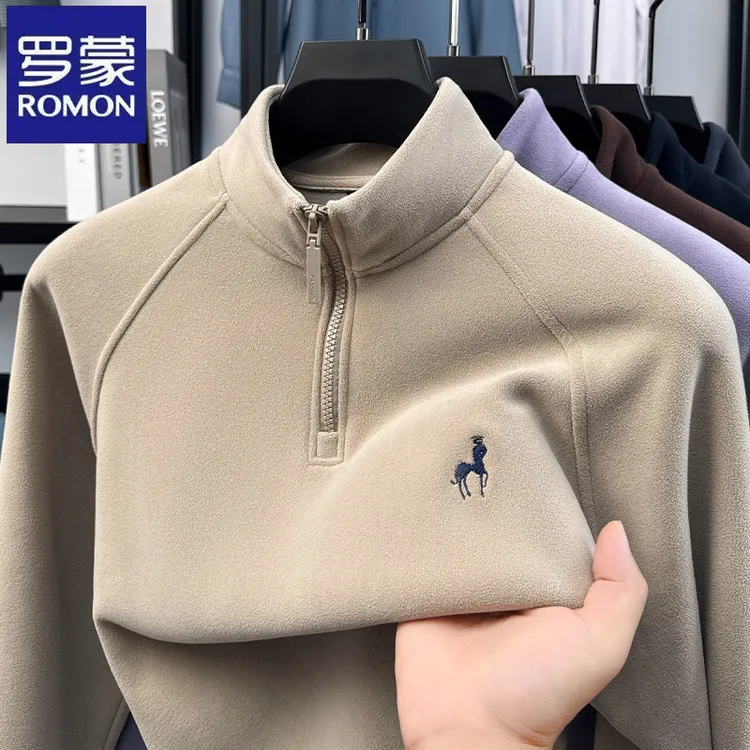 【含羊毛】罗蒙纯色奥粒绒休闲立领卫衣秋冬季个性马标绣花抓绒衣男