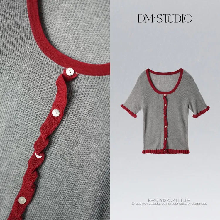 DEDM•STUDIO/百搭气质极简撞色短袖针织衫上衣2505ZZS/08-70577