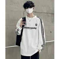 美式原创字母印花三条杠长袖T恤男秋季潮牌百搭宽松休闲纯棉上衣