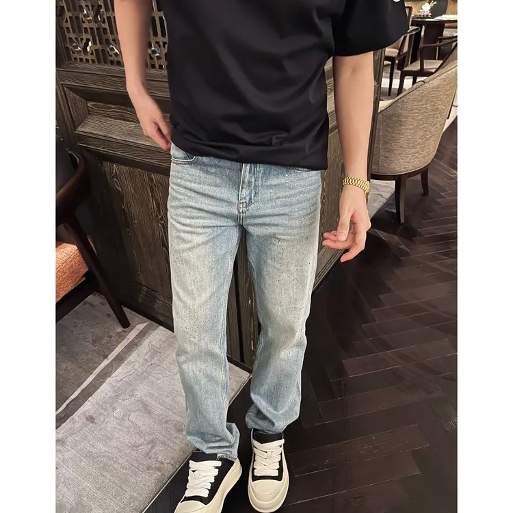 【闪粉牛仔裤】25ss春夏闪粉满天星洗水蓝弹力修身直筒男士牛仔裤