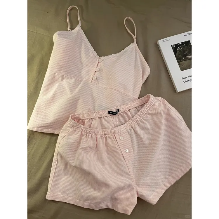 【纯欲吊带】夏天穿搭性感甜美网红粉色条纹睡衣女夏季新款家居服