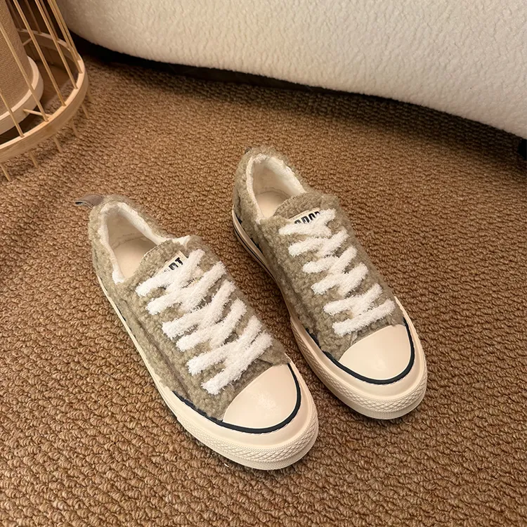 欧货女鞋2025冬季新款毛毛板鞋女厚底系带休闲鞋时尚百搭保暖棉鞋