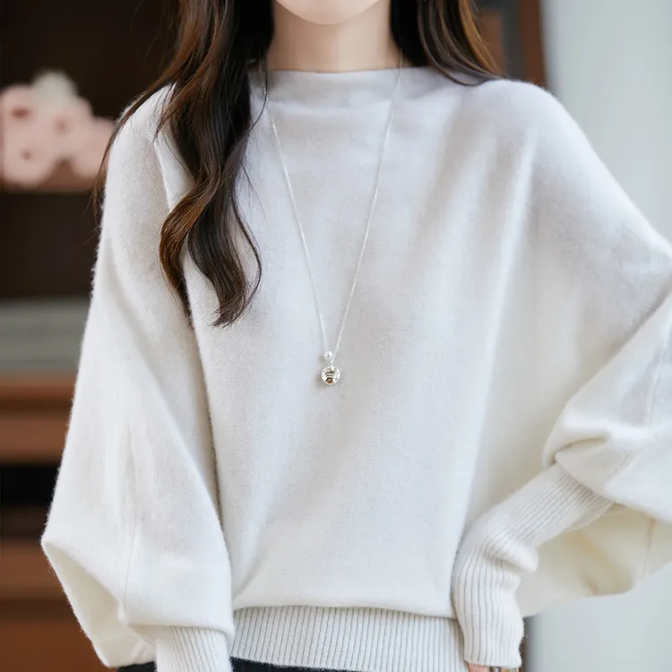 法式宽松蝙蝠袖纯羊毛针织衫女一字领毛衣2025新款时尚打底衫上衣