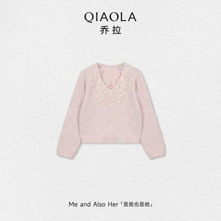 QIAOLA/乔拉【樱花絮语】秋冬季羊毛蕾丝花边拼接时尚显瘦百搭上衣