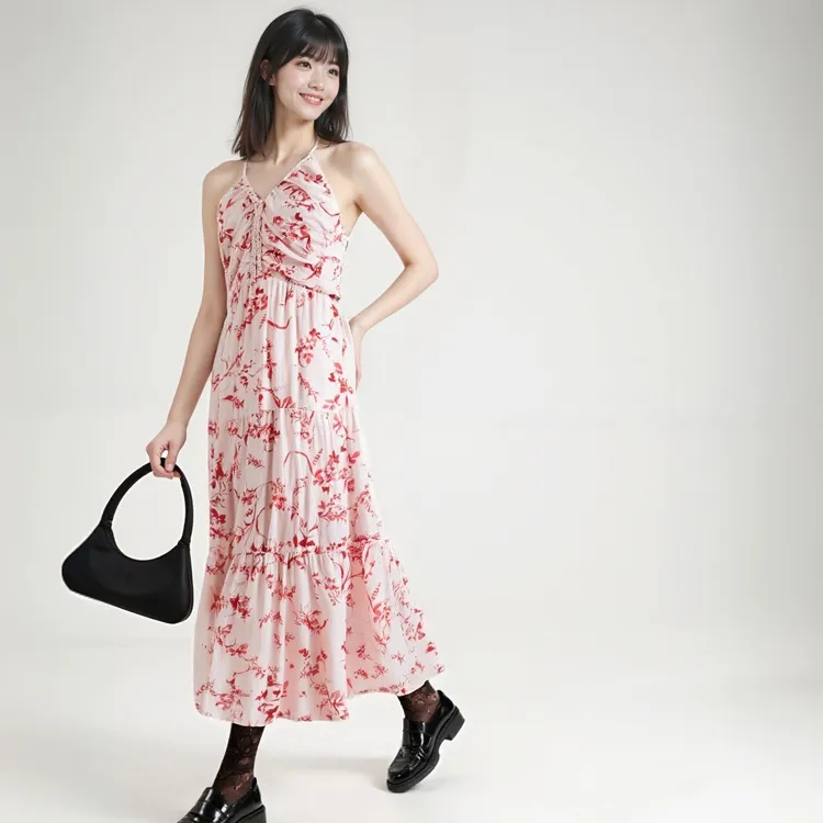 2025夏季新款浪漫花卉印花显瘦腰部镂空挂脖V领绑带连衣裙吊带裙