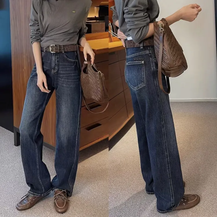 163新款牛仔裤2025秋季女窄版阔腿裤宽松直筒拖地裤复古深蓝学生