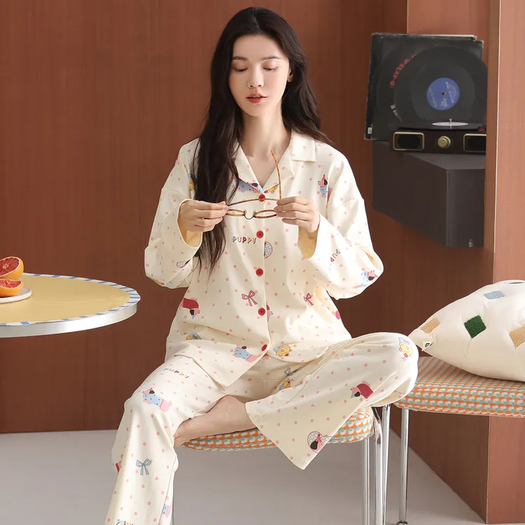 春秋纯棉睡衣女长袖长裤翻领开衫甜美可爱舒适柔软全棉家居服套装