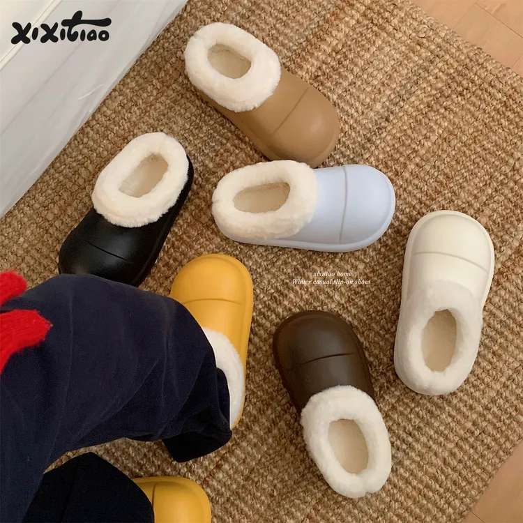 细细条 外穿懒人一脚蹬加绒厨师鞋女冬居家防滑防水厚底棉拖鞋ins