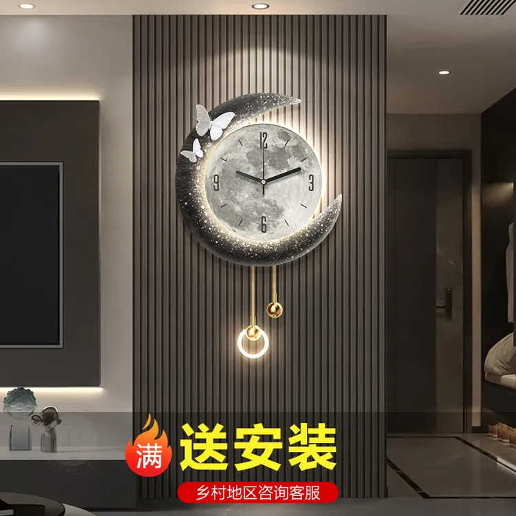 月球挂钟电视背景墙装饰画高级感客厅钟表挂墙新款创意时钟壁灯画
