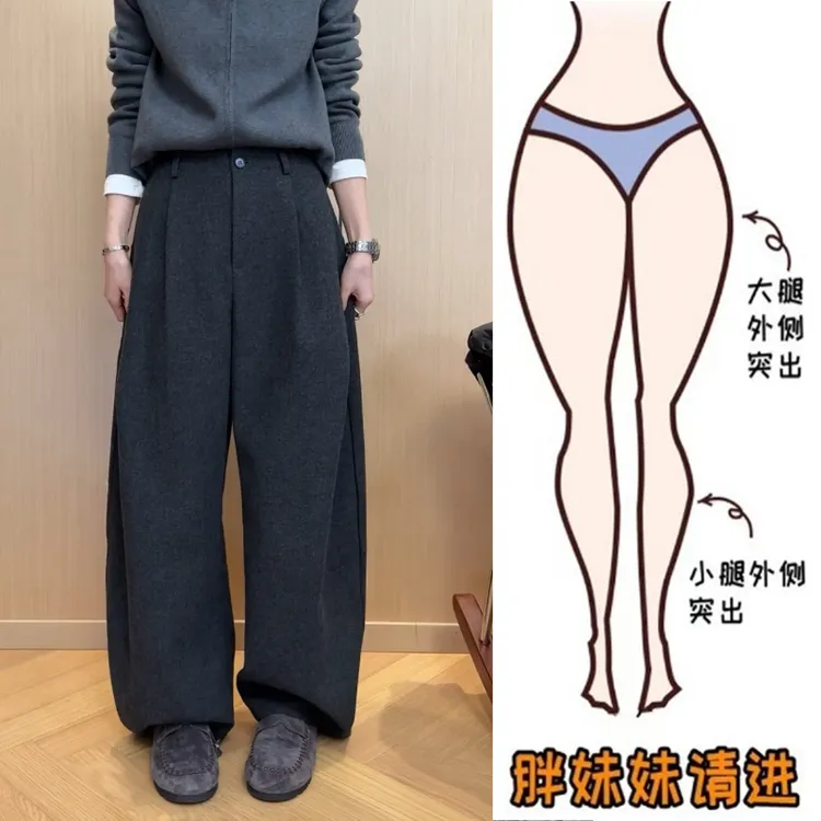 Aimeerosa/艾洛莎2025秋冬捏褶加厚毛呢宽松阔腿休闲裤显瘦弯刀裤