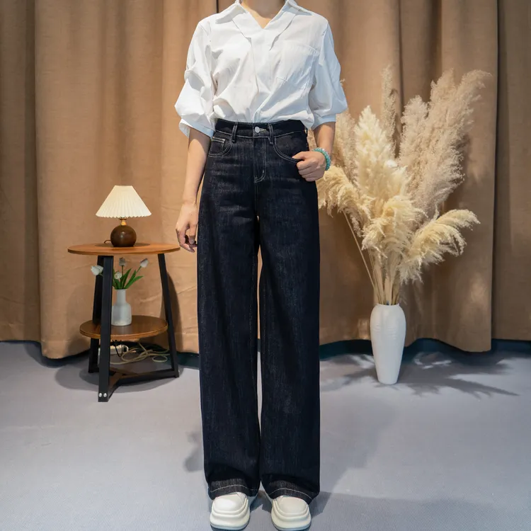 新秋精梳棉丹宁原牛拖地时尚百搭休闲潮流大阔腿直筒牛仔女裤