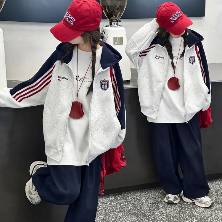 女童秋季学院风外套2025新款中大童休闲学生运动连帽开衫卫衣秋装