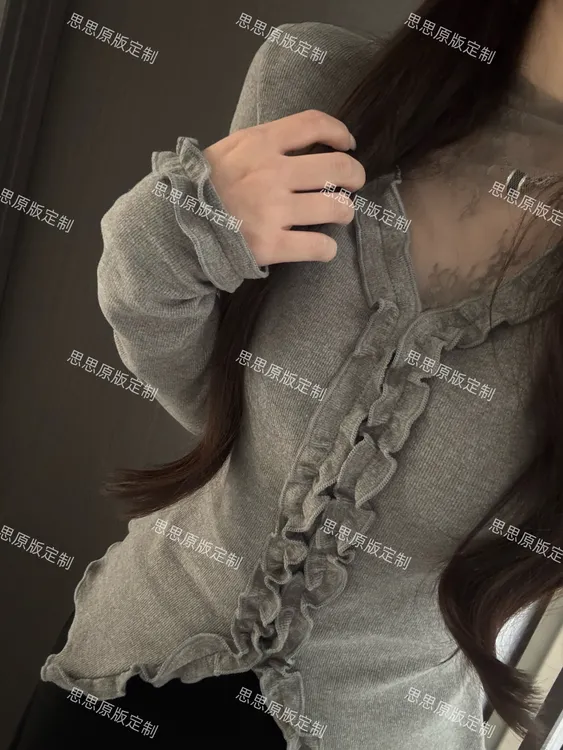 思思定制 韩版拼蕾丝木耳边女秋冬新款修身显瘦百搭加绒打底衫潮