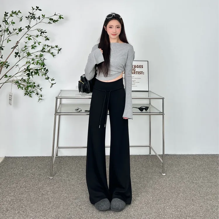秋冬抽绳阔腿裤女冬季垂坠感软糯窄版直筒卫裤加厚显瘦直筒裤