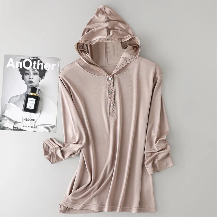 重磅针织真丝蕾丝花边连帽七分袖上衣 单排扣宽松套头桑蚕丝女T恤