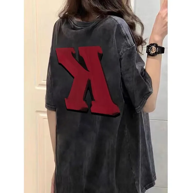 100%纯棉夏季新款水洗复古做旧圆领百搭短袖t恤韩版宽松T恤衫ins