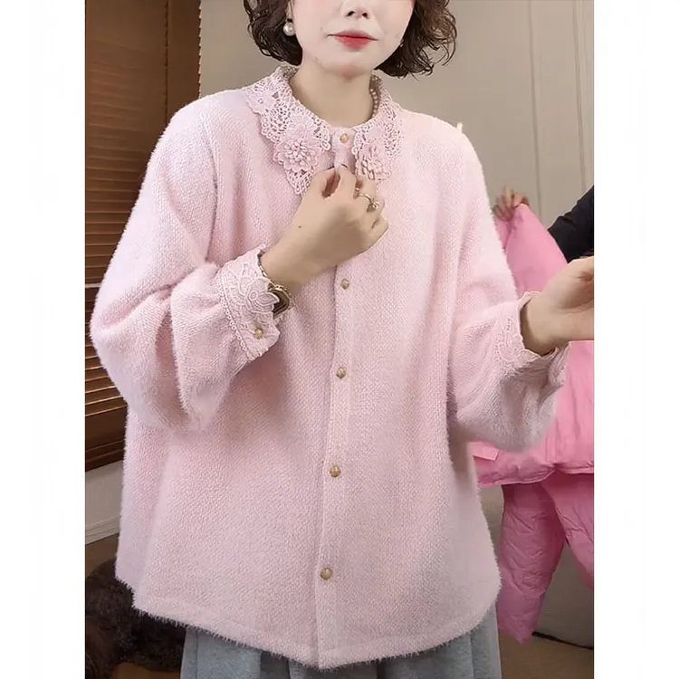 奶呼呼减龄蕾丝钩花拼接衬衫女2025秋冬新款精致温柔加厚保暖上衣