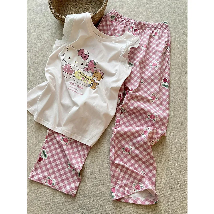 【草莓Kitty】韩系甜美背心睡衣女夏季新款格纹长裤外穿家居服套装