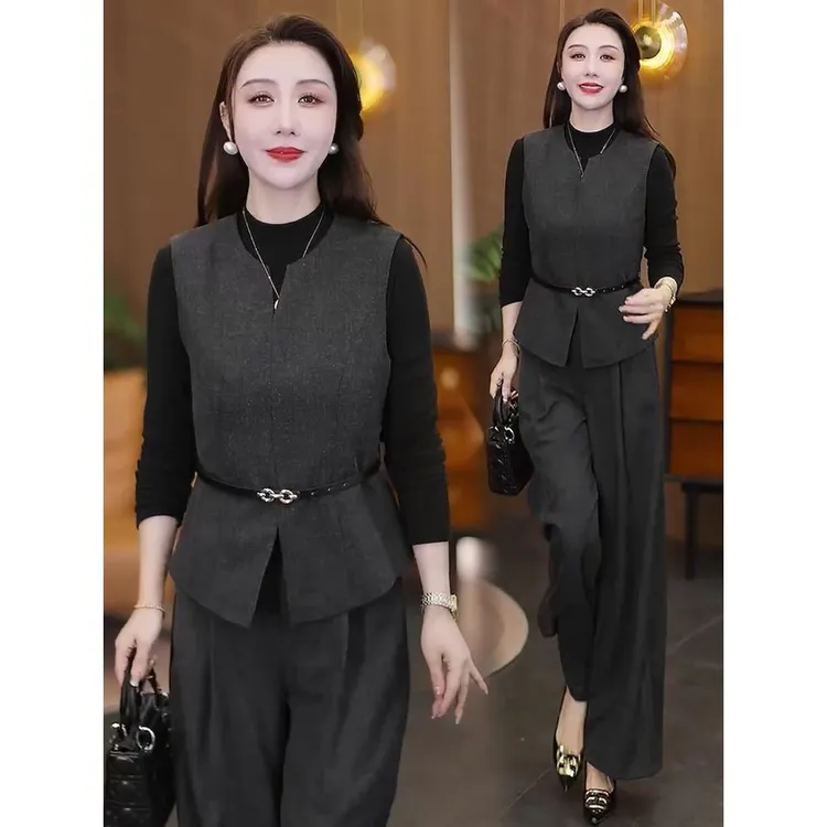 时尚套装女2025秋季新款洋气百搭显瘦马甲背心打底衫阔腿裤三件套