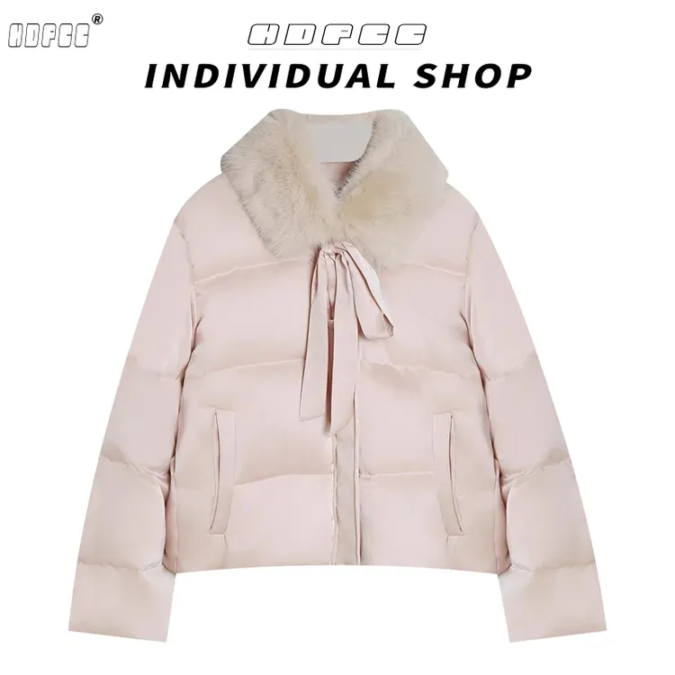 富家千金风甜美粉色可拆卸毛领棉服女韩系蝴蝶结系带保暖短款外套