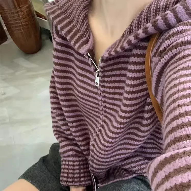 复古条纹撞色双拉链毛衣开衫女秋冬连帽时尚减龄宽松慵懒针织外套