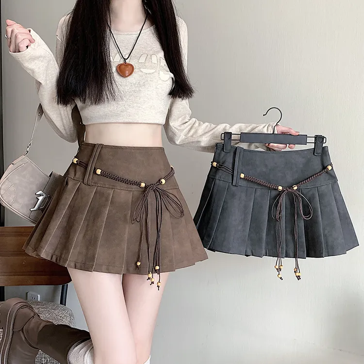 美式辣妹PU皮裙棕色做旧百褶短裙显瘦A字裙半身裙美拉德穿搭新款