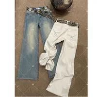 【格子家】高腰刺绣豹纹腰带牛仔裤B580