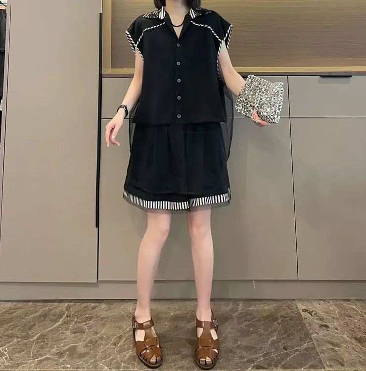 米可/MK-2616LJ【假两件拼纱马甲短裤套装】时尚夏季新款两件套