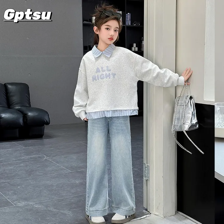 GPTSu女童套装春秋款2025新款洋派大童儿童翻领卫衣牛仔裤两件套