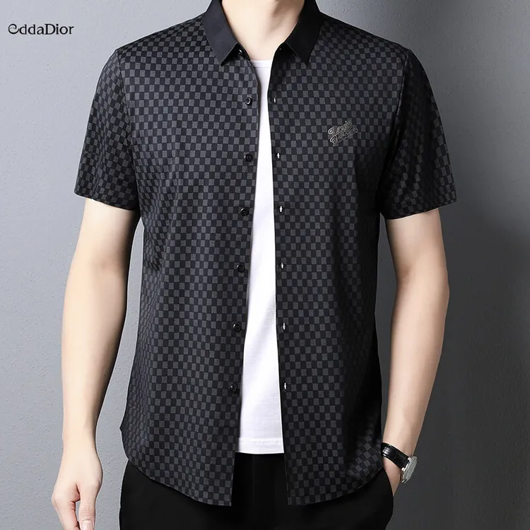 EDDADIOR短袖衬衫条纹夏季商务免烫冰丝衬衣男士高档时尚休闲透气