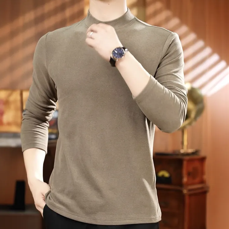 秋冬新款男双面一体绒半高领内搭时尚商务简约长袖上衣简约打底衫