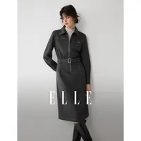 ELLE女装衬衫连衣裙2025冬季新款绑带收腰高智感直筒长裙EL52844