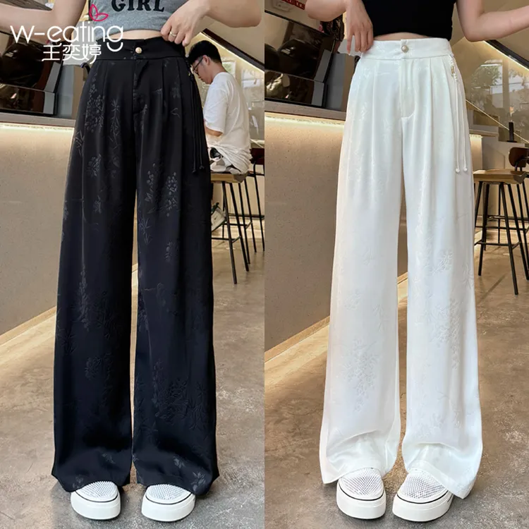 王奕婷夏季薄款新中式国风休闲裤女新款裤子高腰宽松阔腿白色百搭