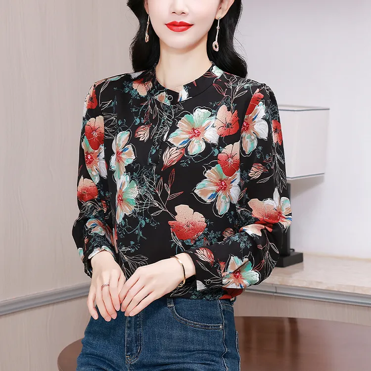 秋季宽松气质百搭显瘦时尚中老年圆领大码洋气长袖碎花减龄衬衫