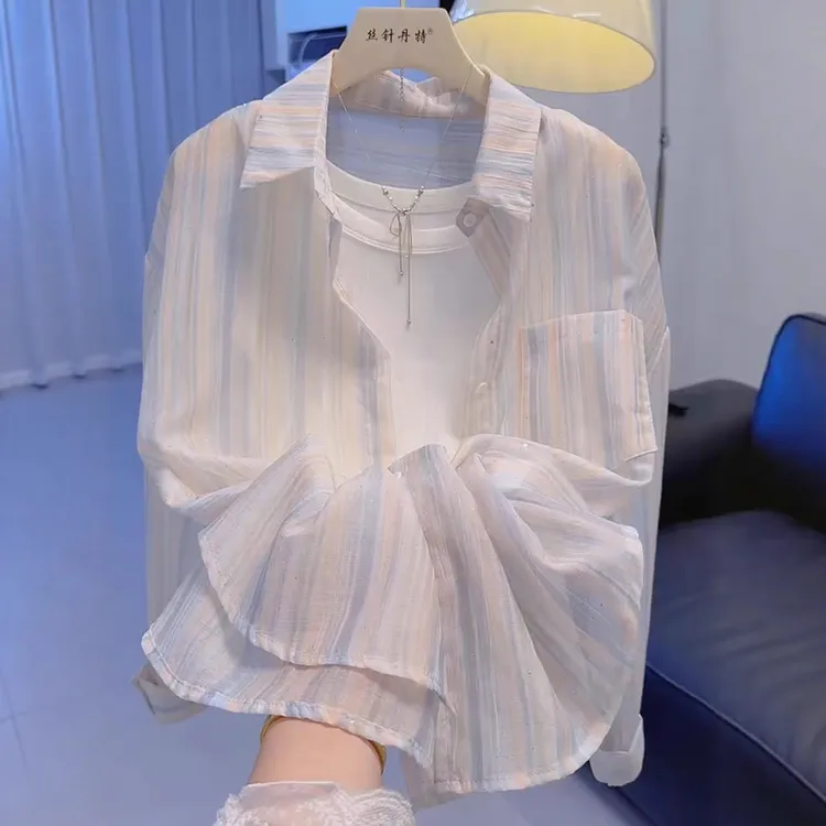 2025夏季新款女士冰丝长袖防晒衬衫条纹衬衣时尚洋气薄款外套上衣