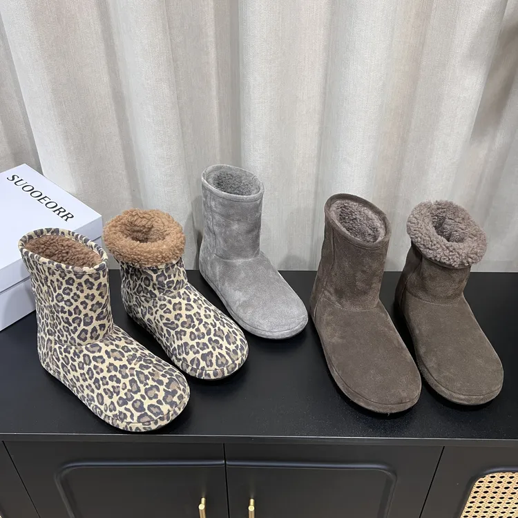 欧货索尔真皮女靴2025冬新品厚底豹纹保暖羊毛时尚复古雪地靴短靴