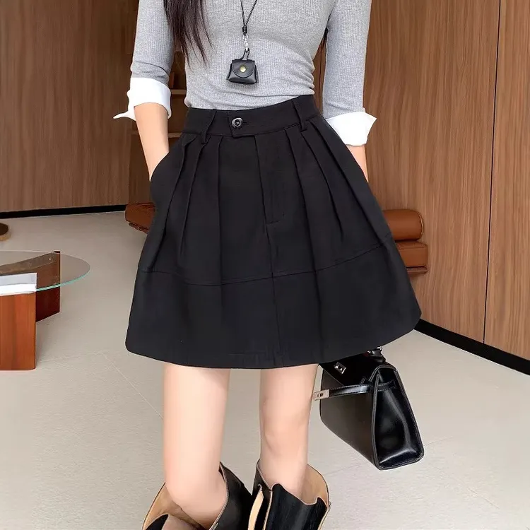 法式复古小黑裙高腰蓬蓬花苞短裙女遮胯a字西装伞裙百搭半身裙子