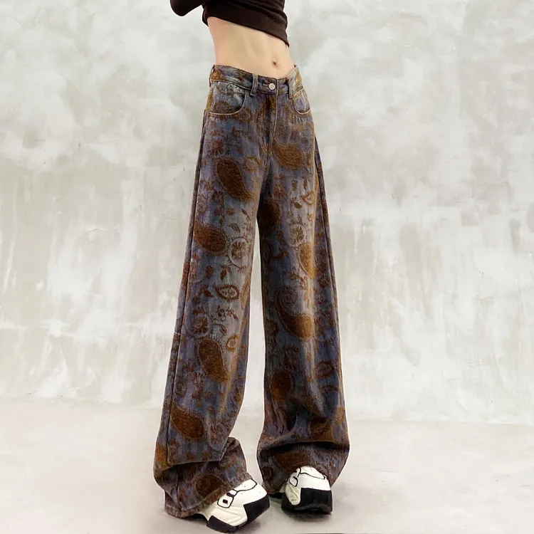 个性提花设计水洗休闲牛仔裤女冬新款高腰宽松显瘦百搭直筒阔腿裤