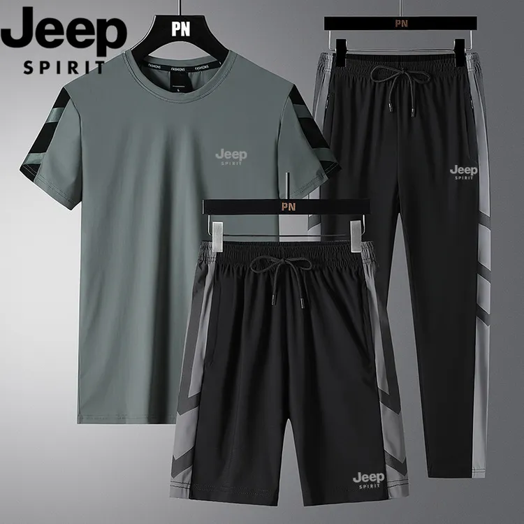 JEEPSPIRIT夏季冰丝速干时尚短袖男女同款短裤时尚透气长裤三件套